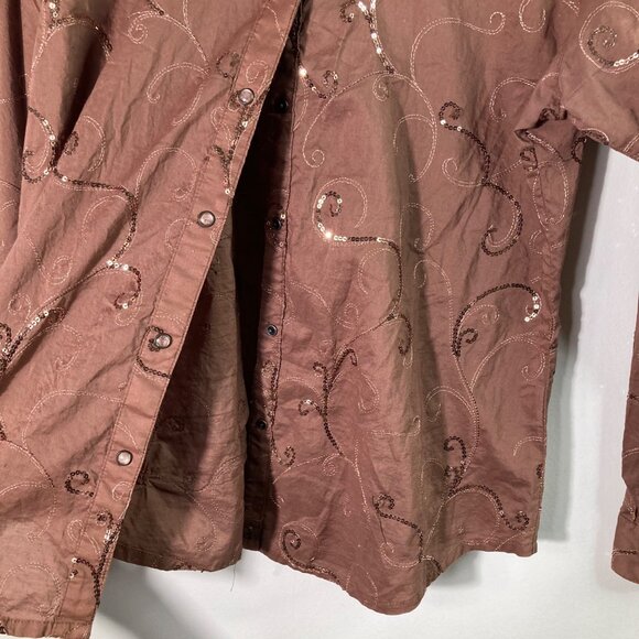 Womens Wrangler Western Pearl Snap Shirt L Embroidered Sequins Brown Cotton - Picture 6 of 8
